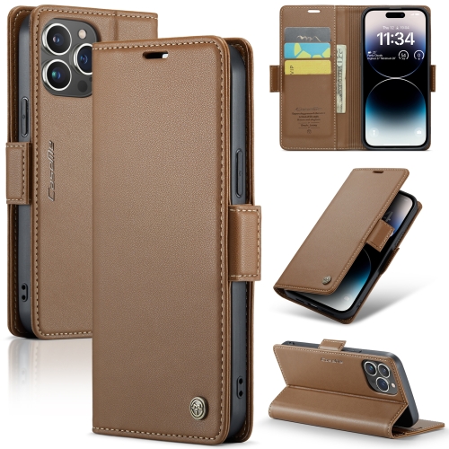 

For iPhone 14 Pro CaseMe 023 Butterfly Buckle Litchi Texture RFID Anti-theft Leather Phone Case(Brown)