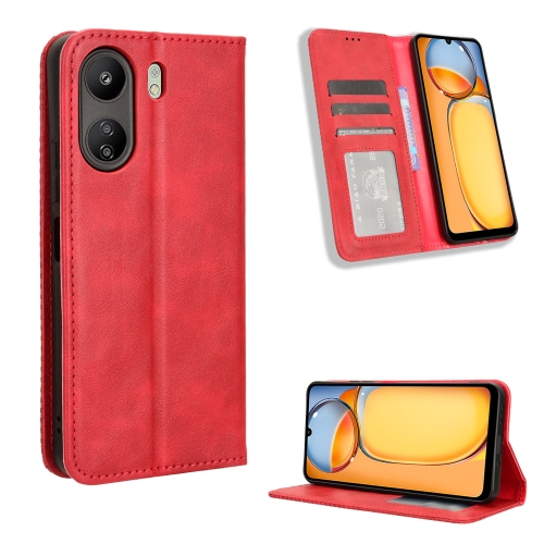 

For Xiaomi Redmi 13C 4G / Poco C65 4G Magnetic Buckle Retro Texture Leather Phone Case(Red)