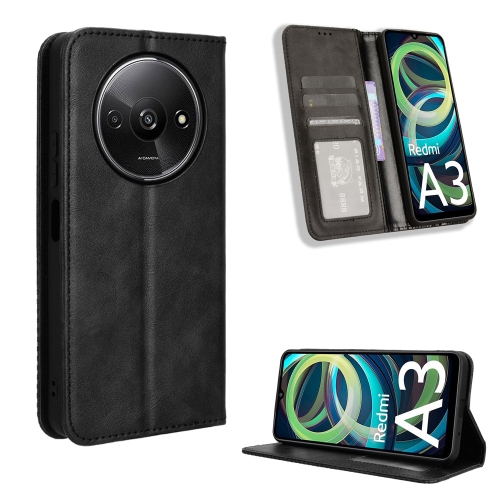 

For Xiaomi Poco C61 / Redmi A3 Magnetic Buckle Retro Texture Leather Phone Case(Black)