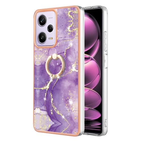 

For Xiaomi Poco X5 Pro 5G Electroplating Marble IMD TPU Phone Case with Ring Holder(Purple 002)