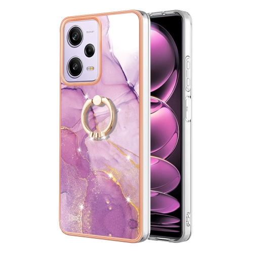 

For Xiaomi Poco X5 Pro 5G Electroplating Marble IMD TPU Phone Case with Ring Holder(Purple 001)