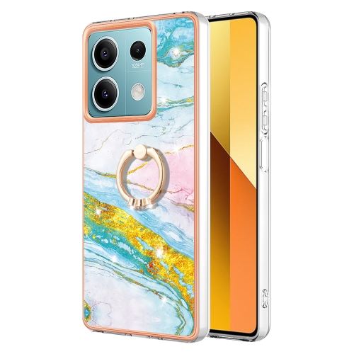 

For Xiaomi Redmi Note 13 5G Global Electroplating Marble IMD TPU Phone Case with Ring Holder(Green 004)