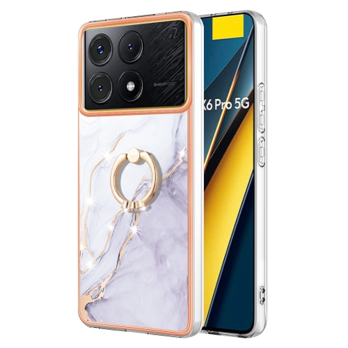 

For Xiaomi Poco X6 Pro / Redmi K70E Electroplating Marble IMD TPU Phone Case with Ring Holder(White 006)