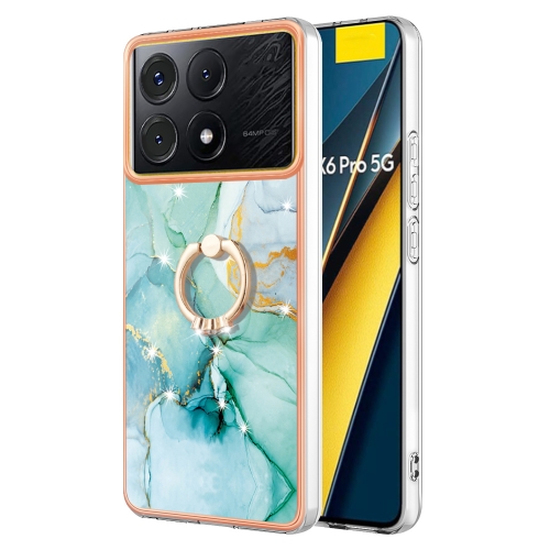 

For Xiaomi Poco X6 Pro / Redmi K70E Electroplating Marble IMD TPU Phone Case with Ring Holder(Green 003)
