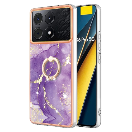 

For Xiaomi Poco X6 Pro / Redmi K70E Electroplating Marble IMD TPU Phone Case with Ring Holder(Purple 002)