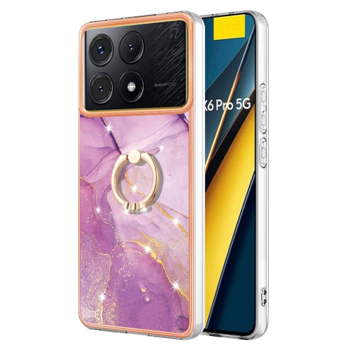 

For Xiaomi Poco X6 Pro / Redmi K70E Electroplating Marble IMD TPU Phone Case with Ring Holder(Purple 001)