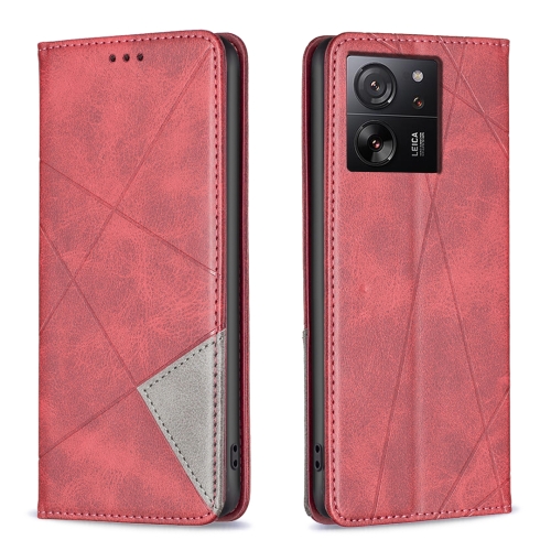 

For Xiaomi 13T / 13T Pro / Redmi K60 Ultra Rhombus Texture Magnetic Leather Phone Case(Red)