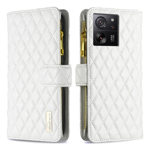 

For Xiaomi 13T / 13T Pro / Redmi K60 Ultra Diamond Lattice Zipper Wallet Leather Flip Phone Case(White)