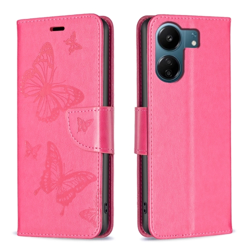 

For Xiaomi Redmi 13C Two Butterflies Embossing Leather Phone Case(Rose Red)