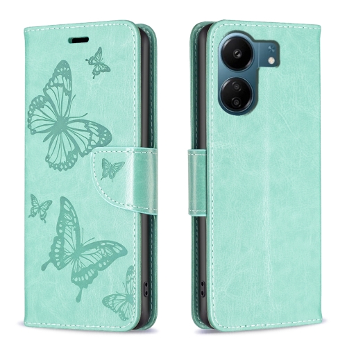 

For Xiaomi Redmi 13C Two Butterflies Embossing Leather Phone Case(Green)