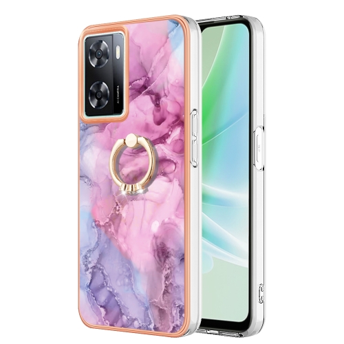

For OPPO A57 4G/A77 5G Taiwan/K10 5G Global Electroplating Marble Dual-side IMD Phone Case with Ring(Pink 013)