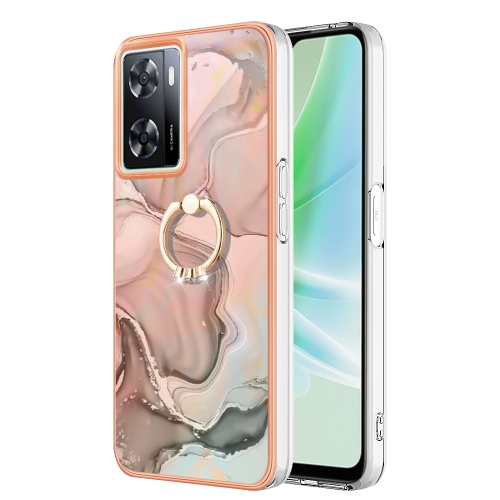 

For OPPO A57 4G/A77 5G Taiwan/K10 5G Global Electroplating Marble Dual-side IMD Phone Case with Ring(Rose Gold 015)