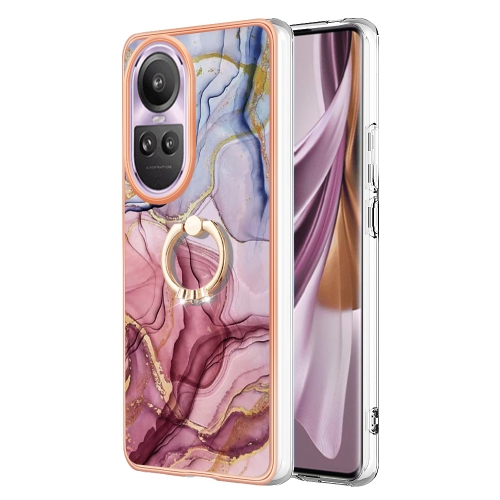 

For OPPO Reno10 Pro 5G Global Electroplating Marble Dual-side IMD Phone Case with Ring(Rose Red 014)