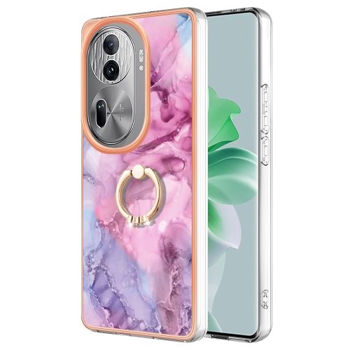 

For OPPO Reno11 Pro 5G Global Electroplating Marble Dual-side IMD Phone Case with Ring(Pink 013)