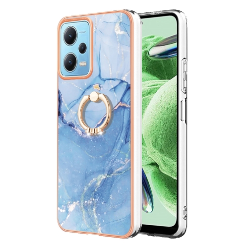 

For Xiaomi Redmi Note 12 5G Global/Poco X5 5G Electroplating Marble Dual-side IMD Phone Case with Ring(Blue 018)