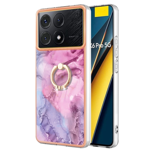 

For Xiaomi Poco X6 Pro / Redmi K70E Electroplating Marble Dual-side IMD Phone Case with Ring(Pink 013)