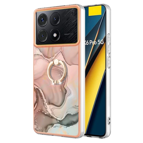 

For Xiaomi Poco X6 Pro / Redmi K70E Electroplating Marble Dual-side IMD Phone Case with Ring(Rose Gold 015)