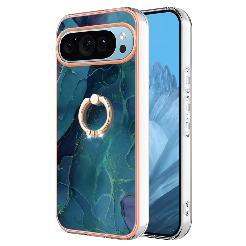 

For Google Pixel 9 Pro Electroplating Marble Dual-side IMD Phone Case with Ring(Green 017)