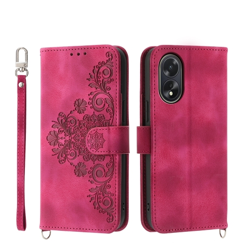 

For OPPO A38 4G Skin-feel Flowers Embossed Wallet Leather Phone Case(Wine Red)