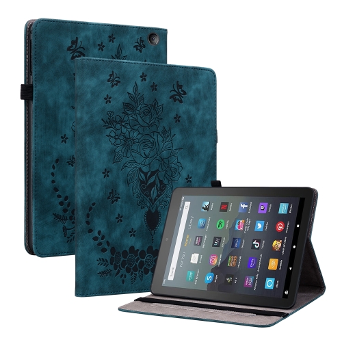 

For Amazon Kindle Fire 7 2022 Butterfly Rose Embossed Leather Tablet Case(Dark Blue)