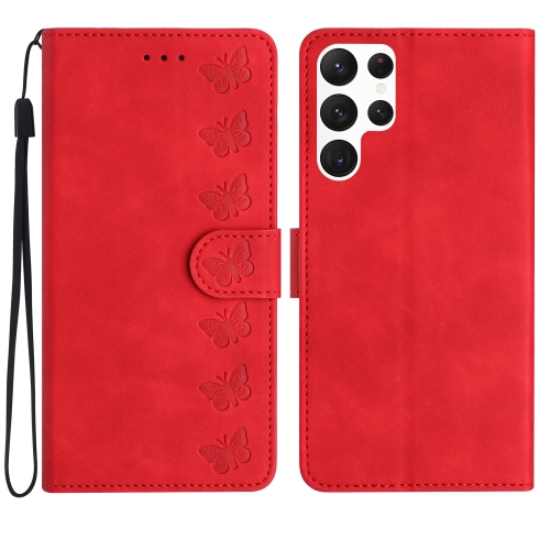 

For Samsung Galaxy S24 Ultra 5G Seven Butterflies Embossed Leather Phone Case(Red)