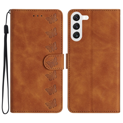 

For Samsung Galaxy S24+ 5G Seven Butterflies Embossed Leather Phone Case(Brown)
