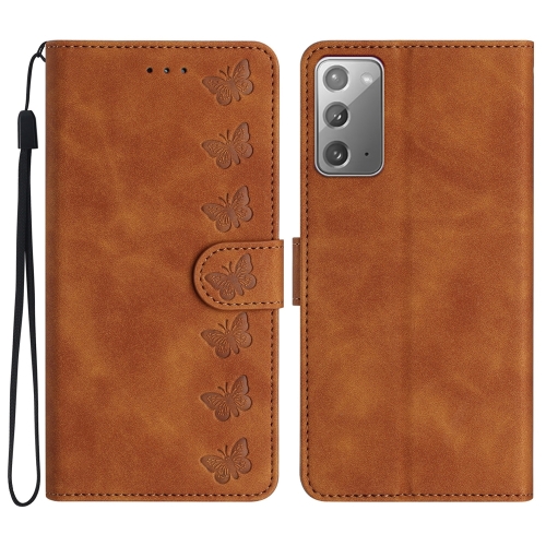 

For Samsung Galaxy Note20 Seven Butterflies Embossed Leather Phone Case(Brown)