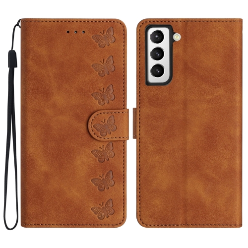 

For Samsung Galaxy S22 5G Seven Butterflies Embossed Leather Phone Case(Brown)