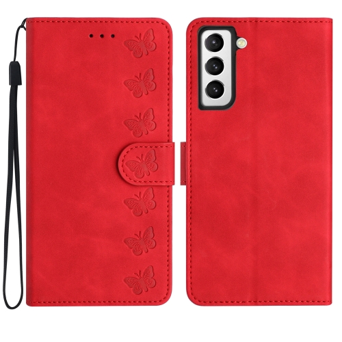 

For Samsung Galaxy S22 5G Seven Butterflies Embossed Leather Phone Case(Red)