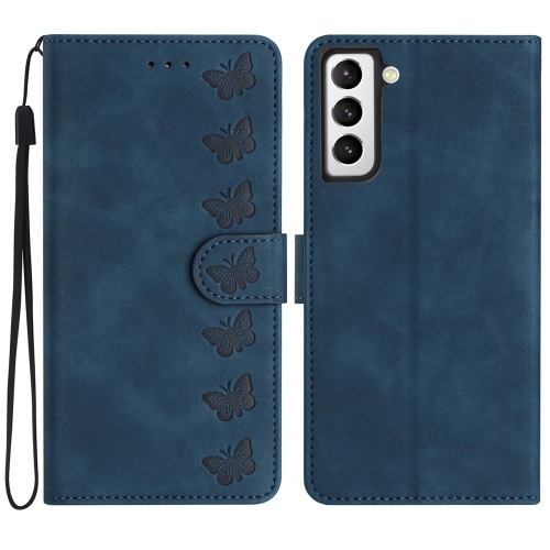 

For Samsung Galaxy S22 5G Seven Butterflies Embossed Leather Phone Case(Blue)