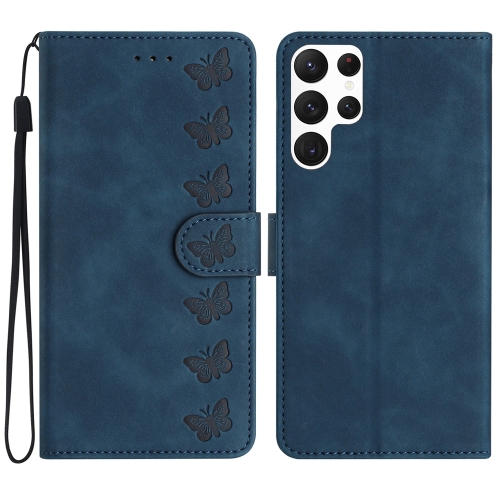 

For Samsung Galaxy S22 Ultra 5G Seven Butterflies Embossed Leather Phone Case(Blue)