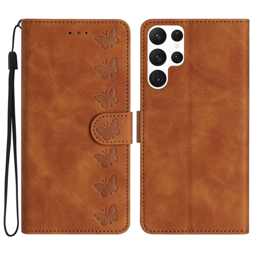 

For Samsung Galaxy S23 Ultra 5G Seven Butterflies Embossed Leather Phone Case(Brown)