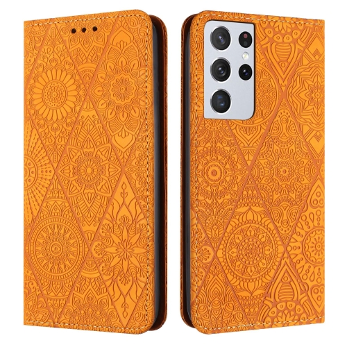 

For Samsung Galaxy S21 Ultra 5G Ethnic Embossed Adsorption Leather Phone Case(Yellow)