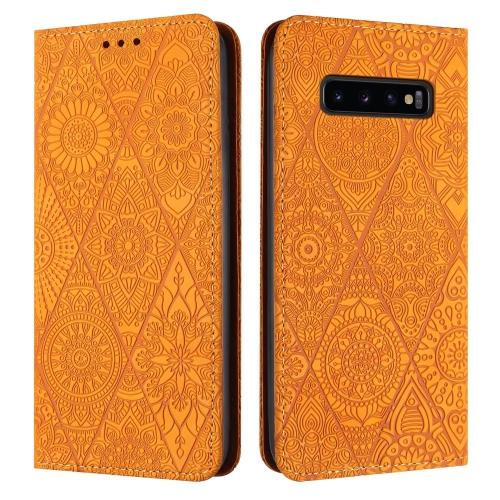 

For Samsung Galaxy S10 Ethnic Embossed Adsorption Leather Phone Case(Yellow)
