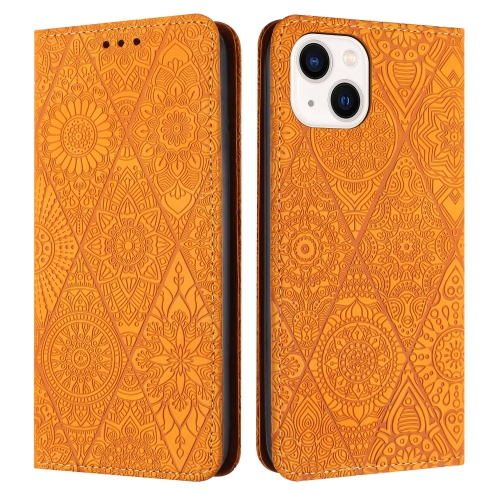 

For iPhone 14 Ethnic Embossed Adsorption Leather Phone Case(Yellow)