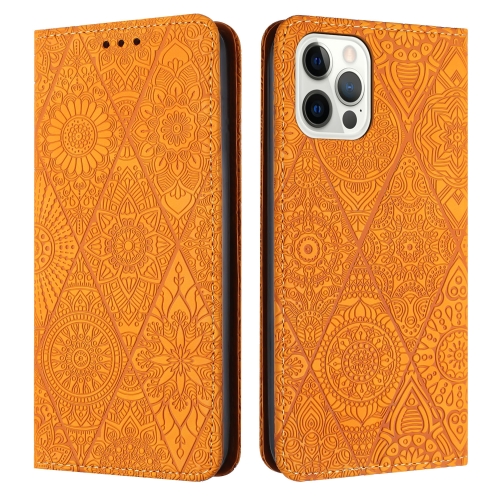 

For iPhone 14 Pro Ethnic Embossed Adsorption Leather Phone Case(Yellow)
