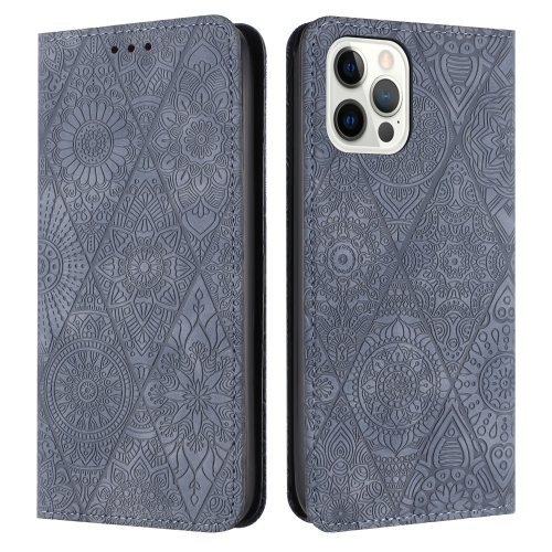 

For iPhone 13 Pro Ethnic Embossed Adsorption Leather Phone Case(Grey)