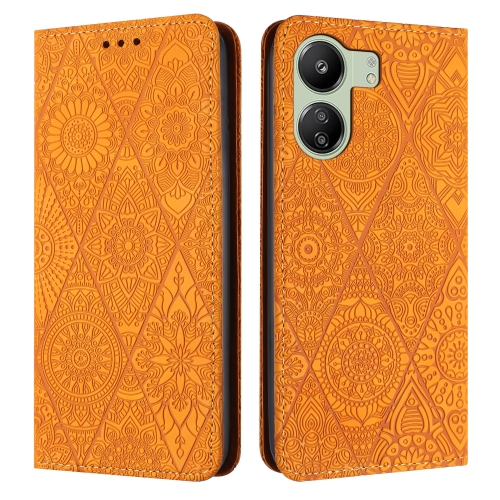 

For Xiaomi Redmi 13C Ethnic Embossed Adsorption Leather Phone Case(Yellow)