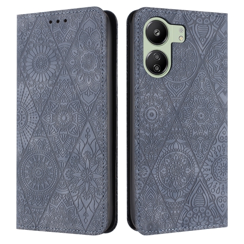 

For Xiaomi Redmi 13C Ethnic Embossed Adsorption Leather Phone Case(Grey)