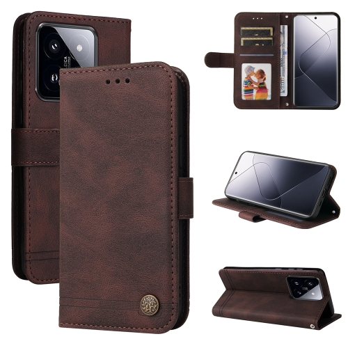 

For Xiaomi 14 Pro Skin Feel Life Tree Metal Button Leather Phone Case(Brown)