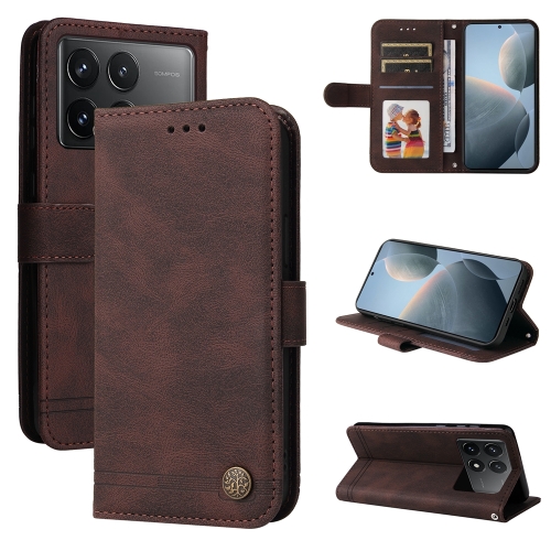 

For Xiaomi Redmi K70E Skin Feel Life Tree Metal Button Leather Phone Case(Brown)