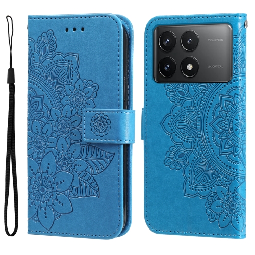 

For Xiaomi Redmi K70 / K70 Pro 7-petal Flowers Embossing Leather Phone Case(Blue)