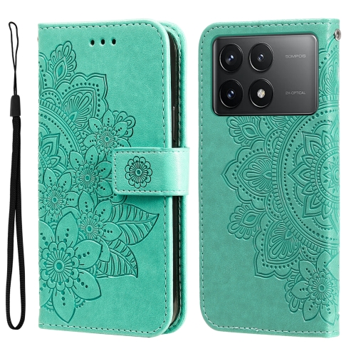 

For Xiaomi Redmi K70E 7-petal Flowers Embossing Leather Phone Case(Green)