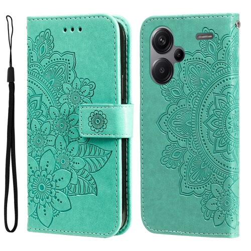 

For Xiaomi Redmi Note13 Pro+ 5G Global 7-petal Flowers Embossing Leather Phone Case(Green)