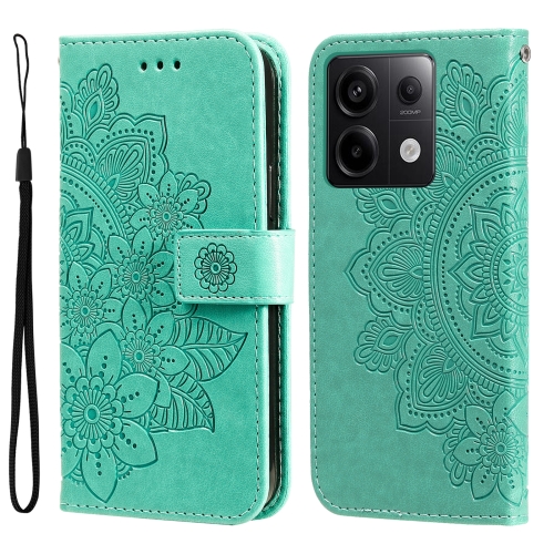 

For Xiaomi Redmi Note13 Pro 5G Global 7-petal Flowers Embossing Leather Phone Case(Green)