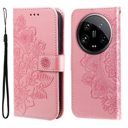 

For Xiaomi 14 Ultra 7-petal Flowers Embossing Leather Phone Case(Rose Gold)