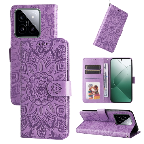 

For Xiaomi 14 Embossed Sunflower Leather Phone Case(Purple)