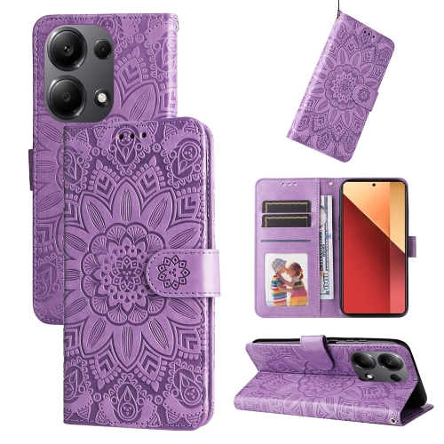 

For Xiaomi Redmi Note13 Pro 4G Global/Poco M6 Pro 4G Embossed Sunflower Leather Phone Case(Purple)