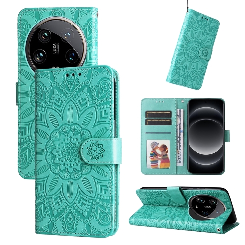 

For Xiaomi 14 Ultra Embossed Sunflower Leather Phone Case(Green)