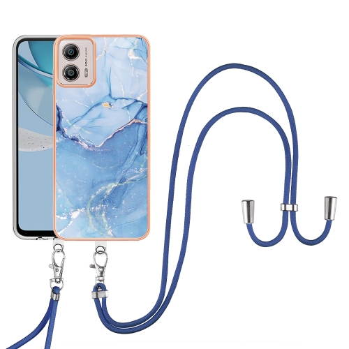 

For Motorola Moto G53 Electroplating Marble Dual-side IMD Phone Case with Lanyard(Blue 018)